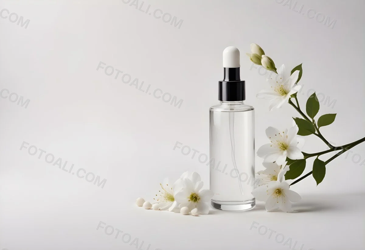 Glass Bottle With Dropper And White Flowers On A White Background Showcasing Beauty Product Minimalist Composition Soft Lighting Clean Aesthetic Cosmetic Presentation Elegant Design 9 B778