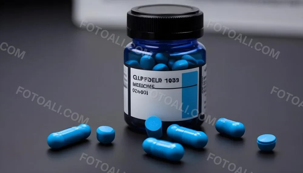 Glp 1 Medicine Bottle With Blue Pills On A Black Surface Blue Cap And A Label With Black Letters In A Laboratory 1 B891