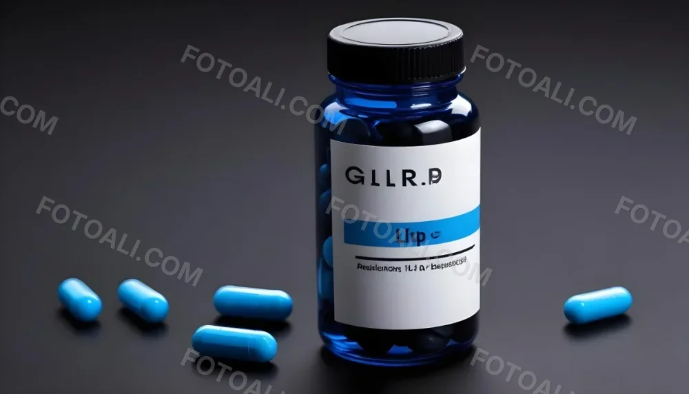 Glp 1 Medicine Bottle With Blue Pills On A Black Surface Blue Cap And A Label With Black Letters In A Laboratory 17 95e3