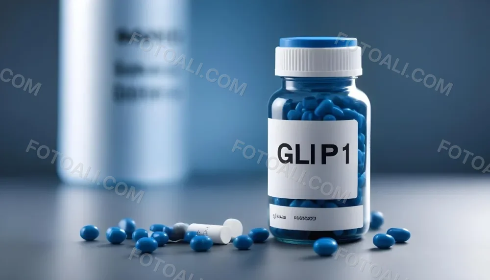 Glp 1 Medicine Bottle With Blue Pills On A Black Surface Blue Cap And A Label With Black Letters In A Laboratory 19 6b0e
