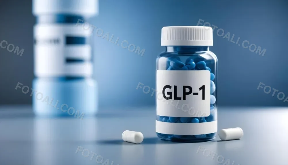 Glp 1 Medicine Bottle With Blue Pills On A Black Surface Blue Cap And A Label With Black Letters In A Laboratory 20 7baf
