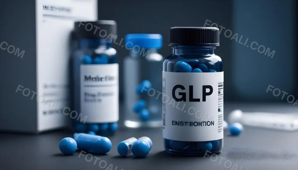 Glp 1 Medicine Bottle With Blue Pills On A Black Surface Blue Cap And A Label With Black Letters In A Laboratory 22 Eb3c