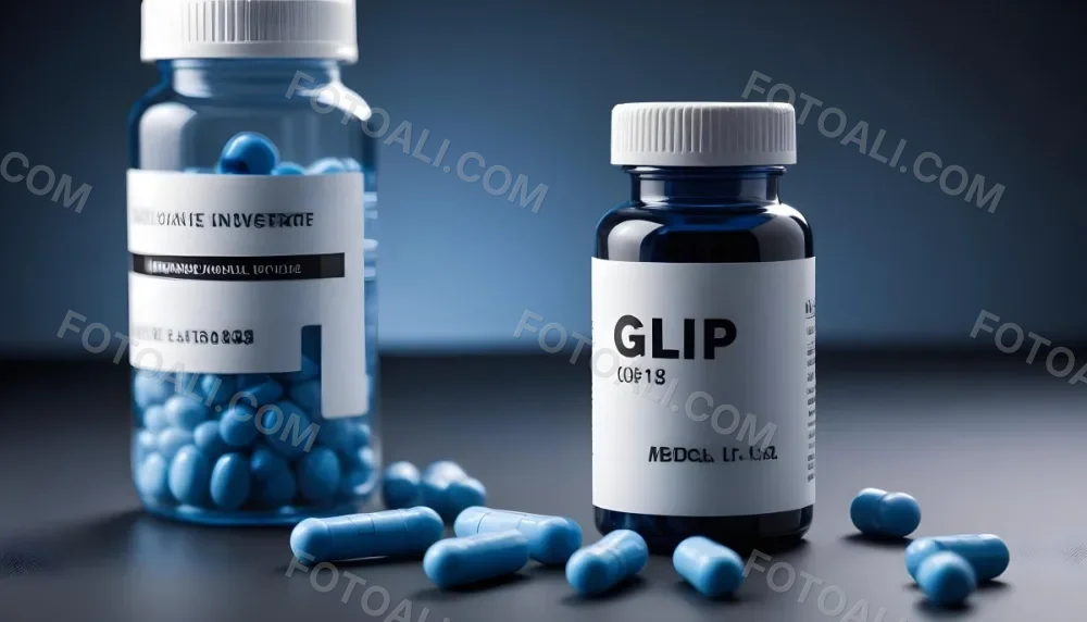Glp 1 Medicine Bottle With Blue Pills On A Black Surface Blue Cap And A Label With Black Letters In A Laboratory 26 Bcff