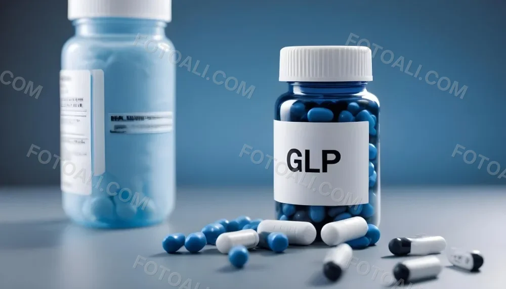 Glp 1 Medicine Bottle With Blue Pills On A Black Surface Blue Cap And A Label With Black Letters In A Laboratory 27 164a