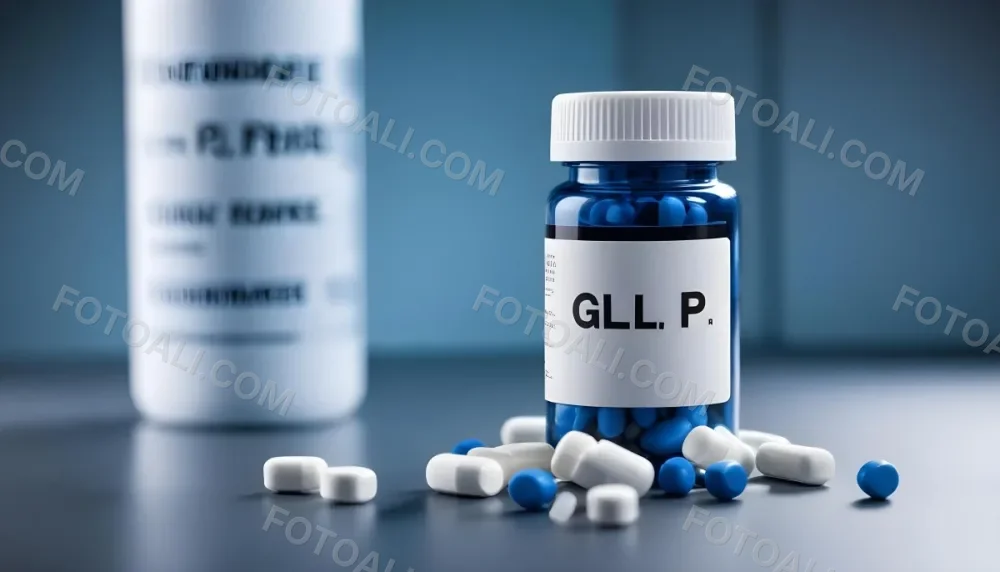 Glp 1 Medicine Bottle With Blue Pills On A Black Surface Blue Cap And A Label With Black Letters In A Laboratory 28 F5ca