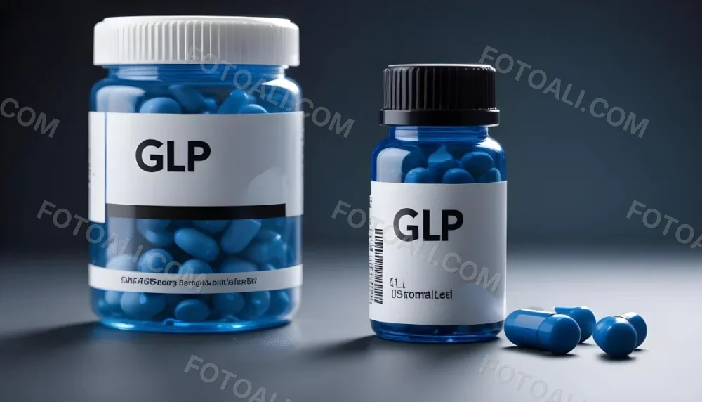 Glp 1 Medicine Bottle With Blue Pills On A Black Surface Blue Cap And A Label With Black Letters In A Laboratory 3 Fbff