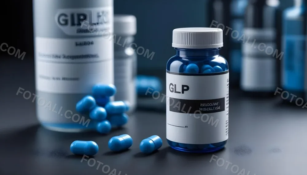 Glp 1 Medicine Bottle With Blue Pills On A Black Surface Blue Cap And A Label With Black Letters In A Laboratory 32 82a9