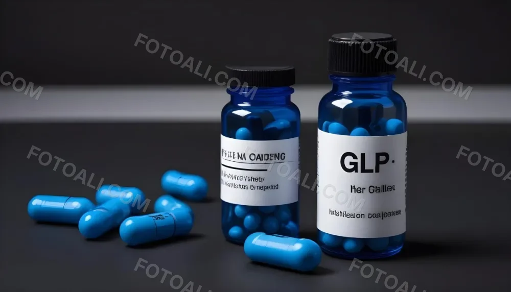 Glp 1 Medicine Bottle With Blue Pills On A Black Surface Blue Cap And A Label With Black Letters In A Laboratory 5 F141