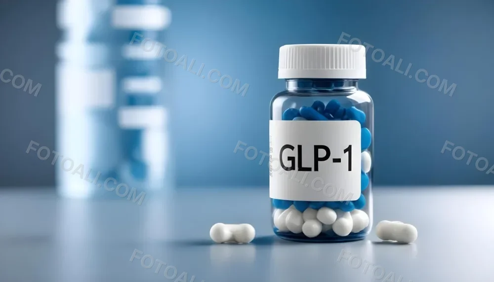 Glp 1 Medicine Bottle With Blue Pills On A Black Surface Blue Cap And A Label With Black Letters In A Laboratory 6 F6e5