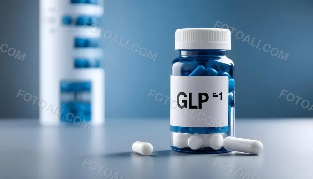 Glp 1 Medicine Bottle With Blue Pills On A Black Surface Blue Cap And A Label With Black Letters In A Laboratory 8 6c1d