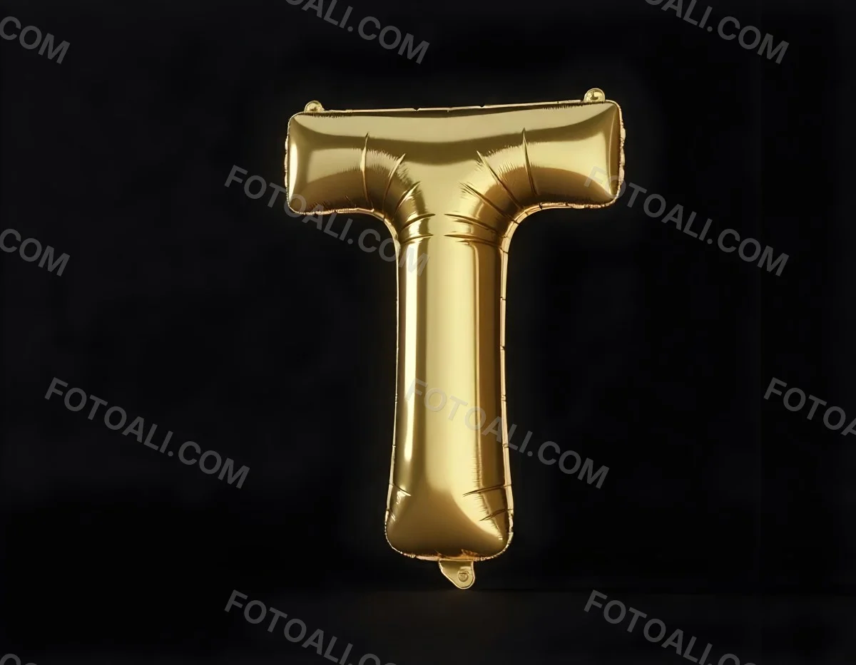 Golden Balloon Letter T Shiny And Reflective Floating In A Dark Background Casting A Soft Shadow Creating A Luxurious And Celebratory Atmosphere 19 7e9e