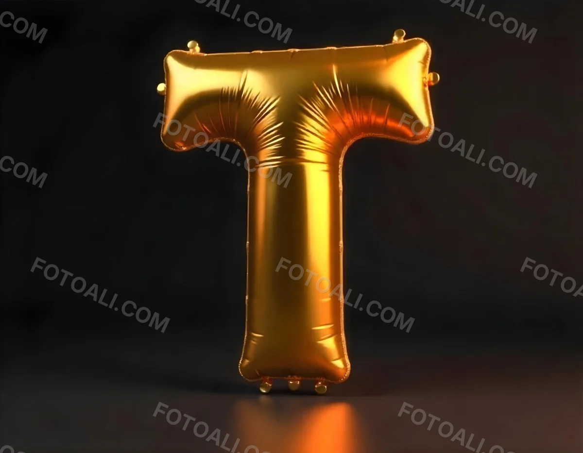 Golden Balloon Letter T Shiny And Reflective Floating In A Dark Background Casting A Soft Shadow Creating A Luxurious And Celebratory Atmosphere 9 C628