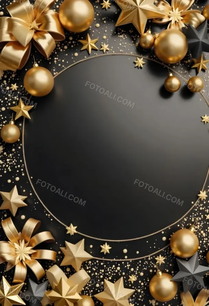 Golden Christmas Balls And Stars With A Golden Ribbon On A Golden Background Christmas Decoration Festive Elegant Minimalist Christmas Ornaments 33 B030