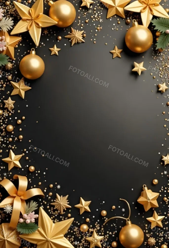 Golden Christmas Balls And Stars With A Golden Ribbon On A Golden Background Christmas Decoration Festive Elegant Minimalist Christmas Ornaments 34 D0e2