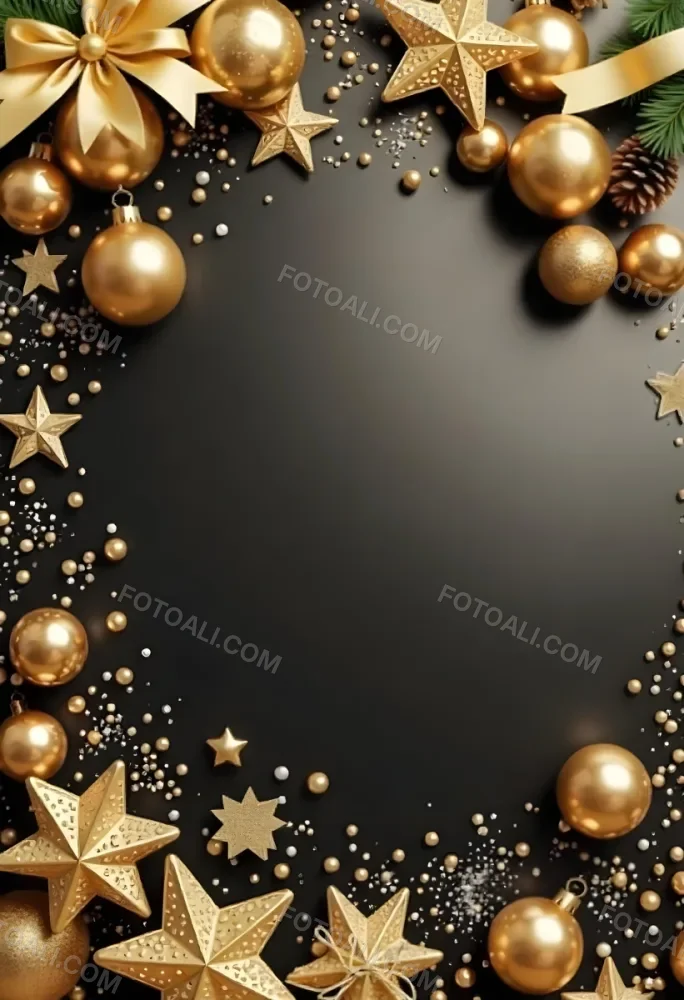Golden Christmas Balls And Stars With A Golden Ribbon On A Golden Background Christmas Decoration Festive Elegant Minimalist Christmas Ornaments 35 7481
