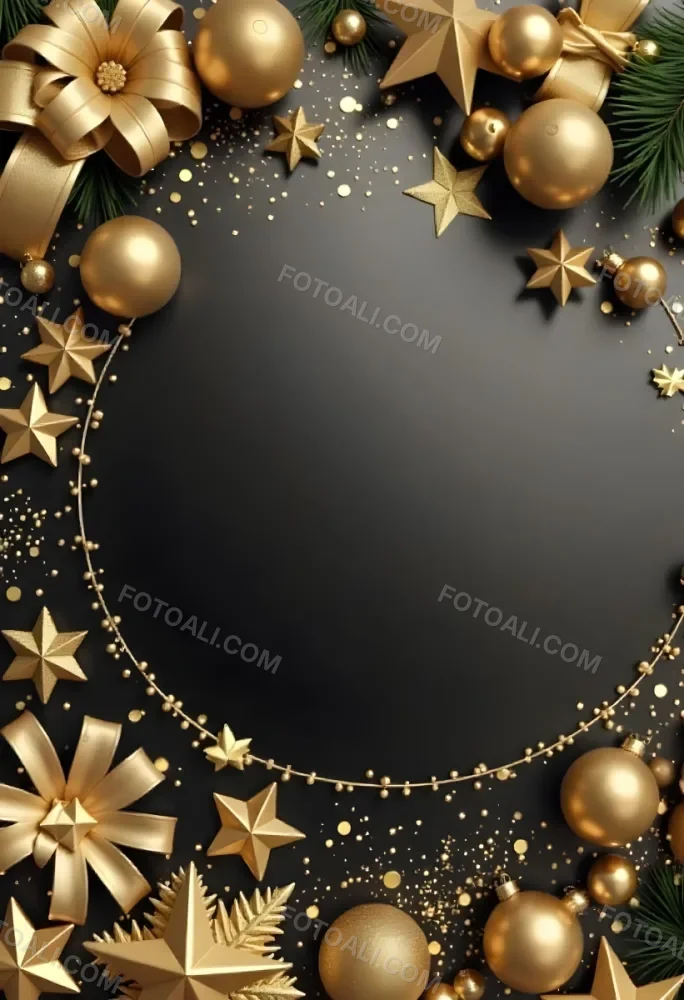 Golden Christmas Balls And Stars With A Golden Ribbon On A Golden Background Christmas Decoration Festive Elegant Minimalist Christmas Ornaments 8 F72d