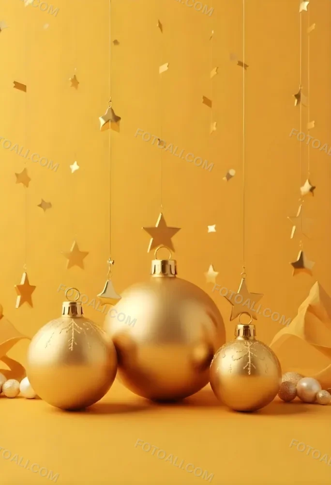 Golden Christmas Balls And Stars With A Golden Ribbon On A Golden Background Christmas Decoration Festive Elegant Minimalist Christmas Ornaments 9 7b94
