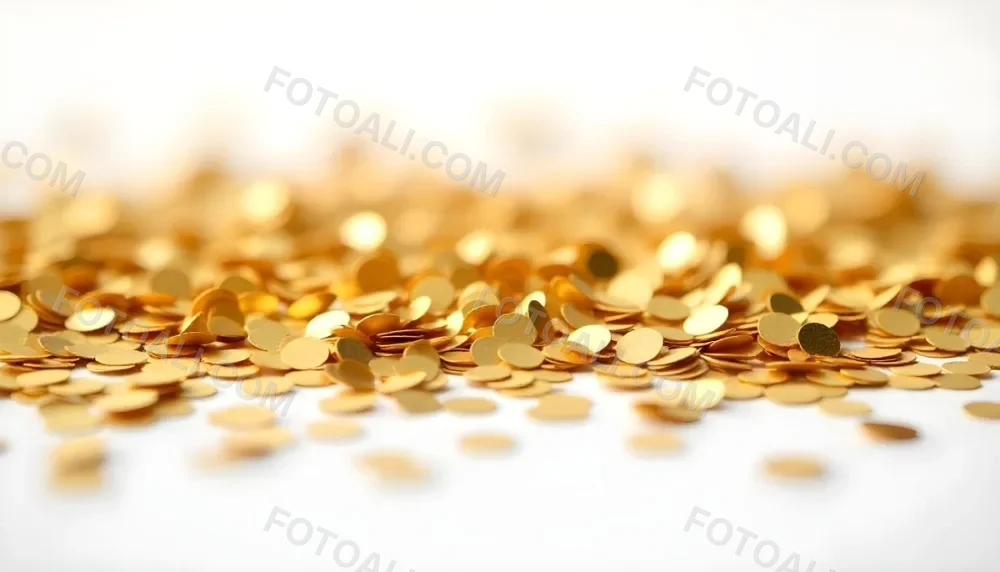 Golden Confetti Scattered On A White Surface Creating A Textured And Shimmering Effect Ideal For Festive Backgrounds Or Celebratory Designs With A Clean And Minimalist Aesthetic 22 Cabf