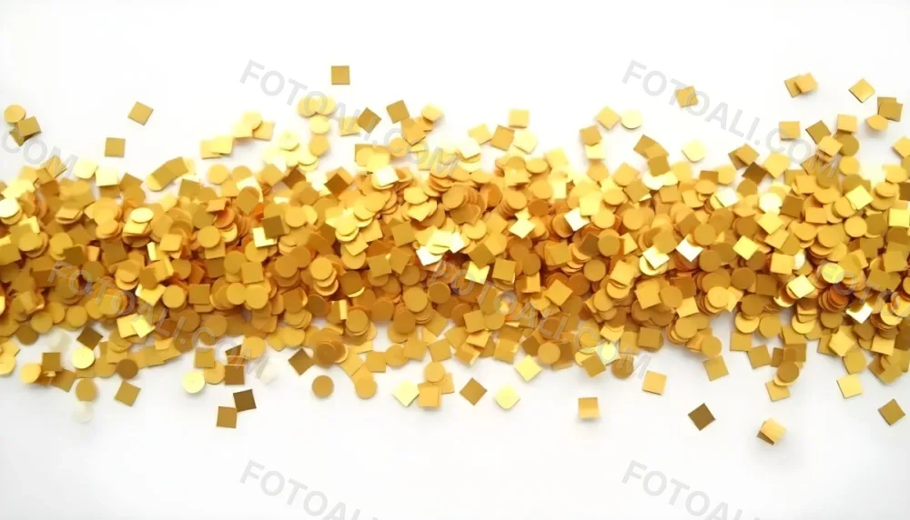 Golden Confetti Scattered On A White Surface Creating A Textured And Shimmering Effect Ideal For Festive Backgrounds Or Celebratory Designs With A Clean And Minimalist Aesthetic 30 Aabb
