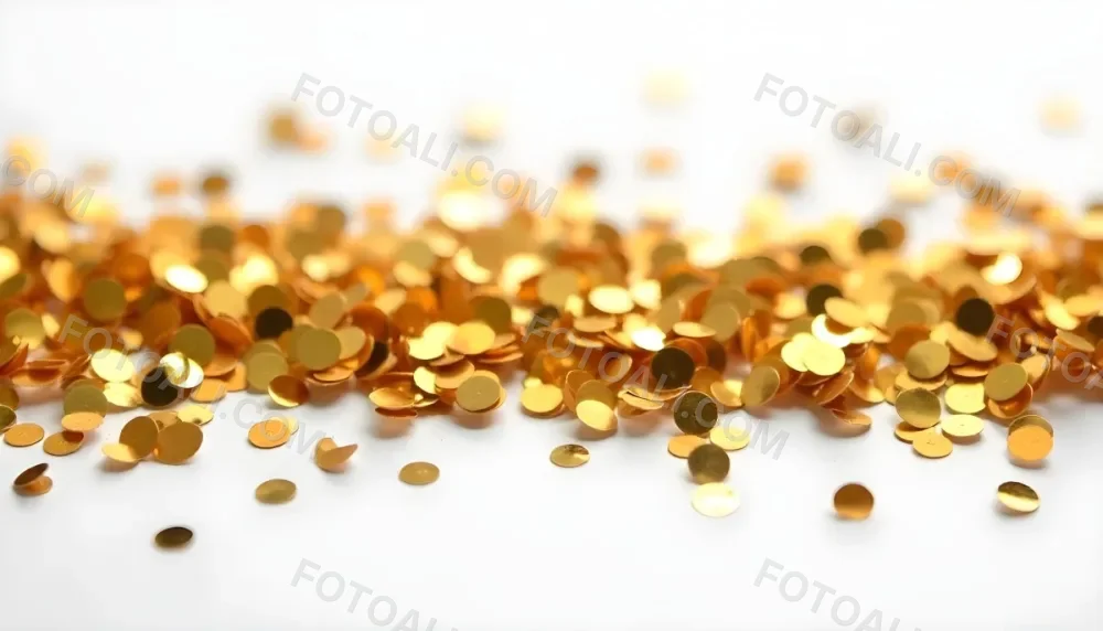 Golden Confetti Scattered On A White Surface Creating A Textured And Shimmering Effect Ideal For Festive Backgrounds Or Celebratory Designs With A Clean And Minimalist Aesthetic 36 38b7