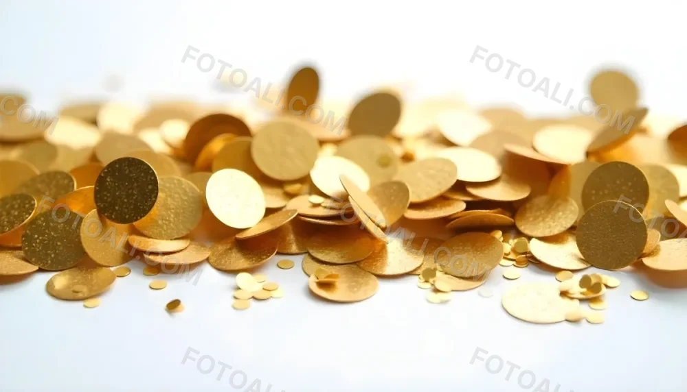 Golden Confetti Scattered On A White Surface Creating A Textured And Shimmering Effect Ideal For Festive Backgrounds Or Celebratory Designs With A Clean And Minimalist Aesthetic 37 C261