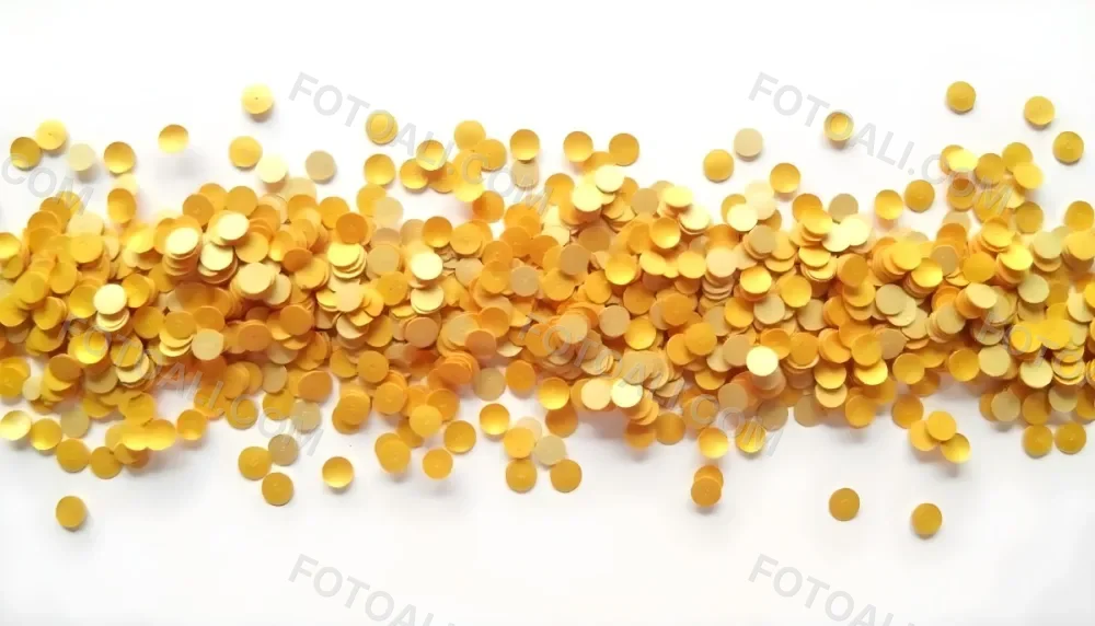 Golden Confetti Scattered On A White Surface Creating A Textured And Shimmering Effect Ideal For Festive Backgrounds Or Celebratory Designs With A Clean And Minimalist Aesthetic 40 E299