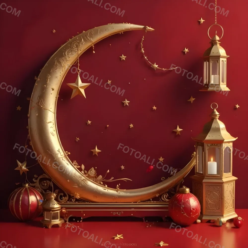 Golden Crescent Moon With Stars And Lanterns On A Red Background Festive Decorations Warm Lighting Elegant Design Celebration Theme Intricate Details Rich Colors 1 1fcb