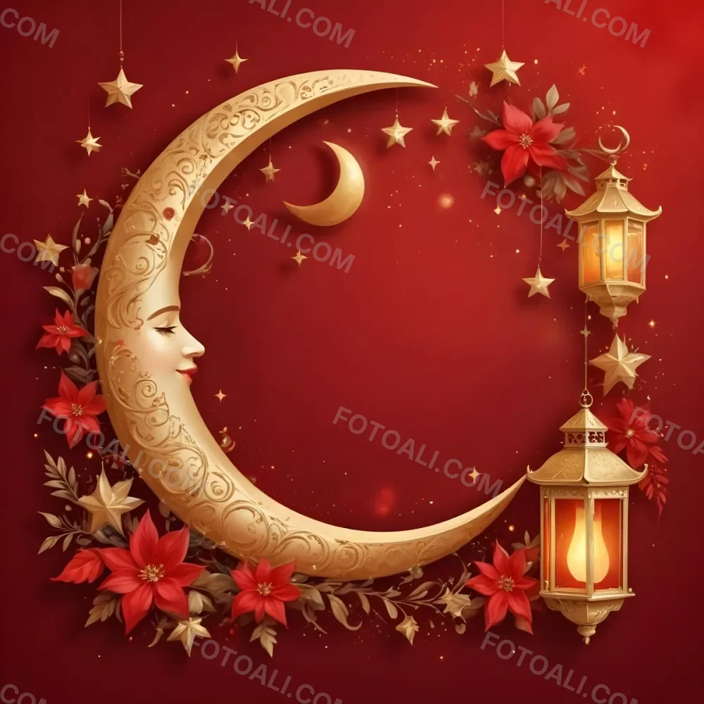 Golden Crescent Moon With Stars And Lanterns On A Red Background Festive Decorations Warm Lighting Elegant Design Celebration Theme Intricate Details Rich Colors 12 8626