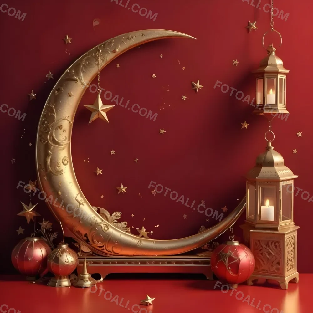 Golden Crescent Moon With Stars And Lanterns On A Red Background Festive Decorations Warm Lighting Elegant Design Celebration Theme Intricate Details Rich Colors 22 B3e9
