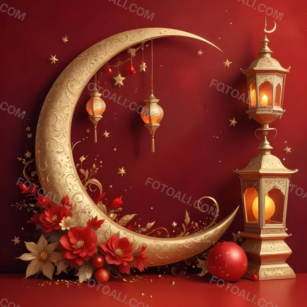 Golden Crescent Moon With Stars And Lanterns On A Red Background Festive Decorations Warm Lighting Elegant Design Celebration Theme Intricate Details Rich Colors 28 7bab