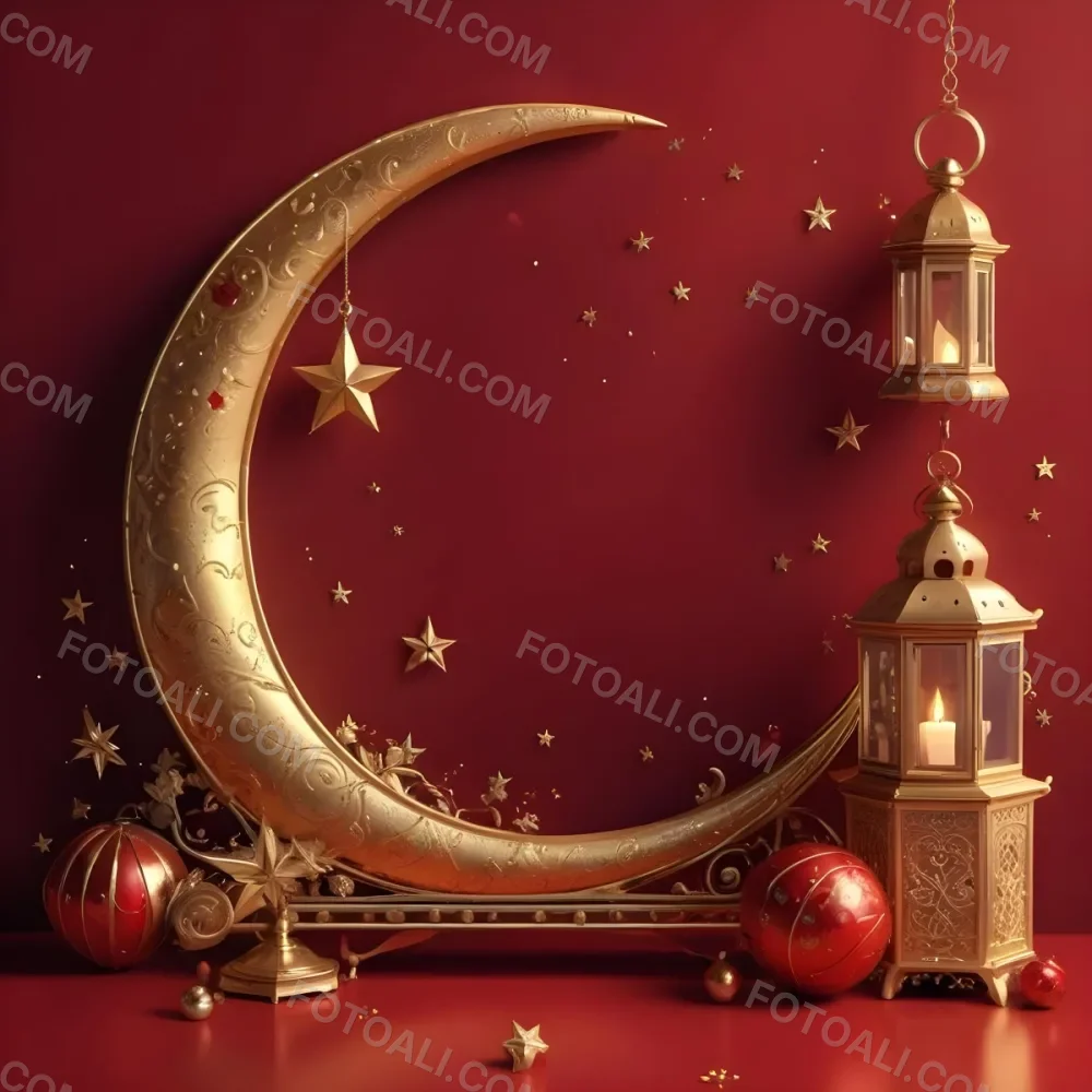 Golden Crescent Moon With Stars And Lanterns On A Red Background Festive Decorations Warm Lighting Elegant Design Celebration Theme Intricate Details Rich Colors 30 736d
