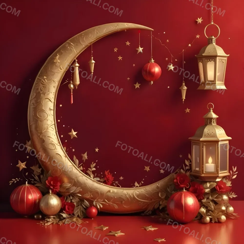 Golden Crescent Moon With Stars And Lanterns On A Red Background Festive Decorations Warm Lighting Elegant Design Celebration Theme Intricate Details Rich Colors 32 B418