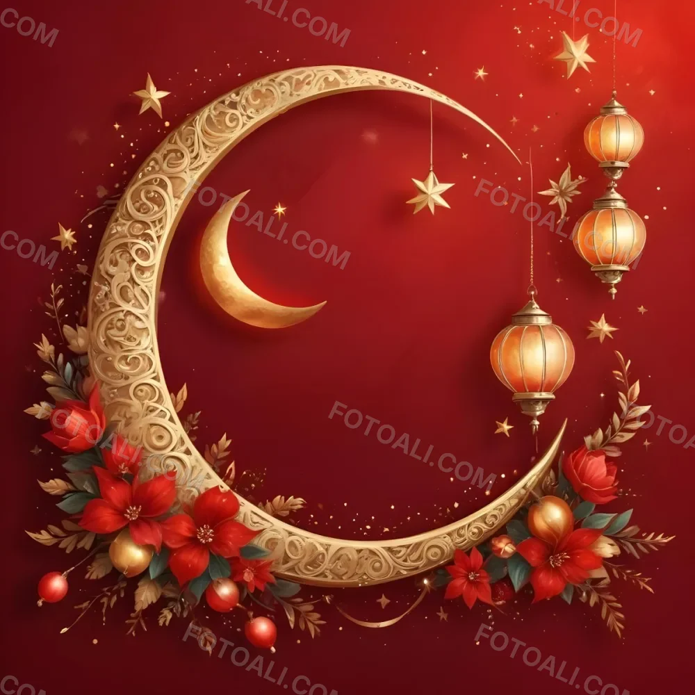 Golden Crescent Moon With Stars And Lanterns On A Red Background Festive Decorations Warm Lighting Elegant Design Celebration Theme Intricate Details Rich Colors 33 76f4