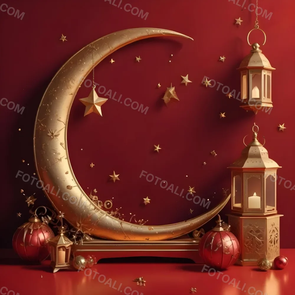Golden Crescent Moon With Stars And Lanterns On A Red Background Festive Decorations Warm Lighting Elegant Design Celebration Theme Intricate Details Rich Colors 34 F7cc
