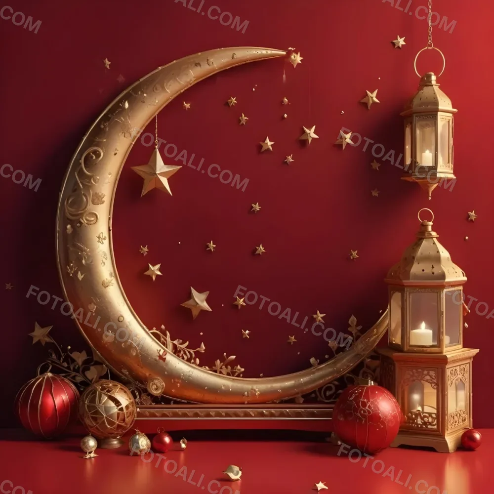 Golden Crescent Moon With Stars And Lanterns On A Red Background Festive Decorations Warm Lighting Elegant Design Celebration Theme Intricate Details Rich Colors 35 F407