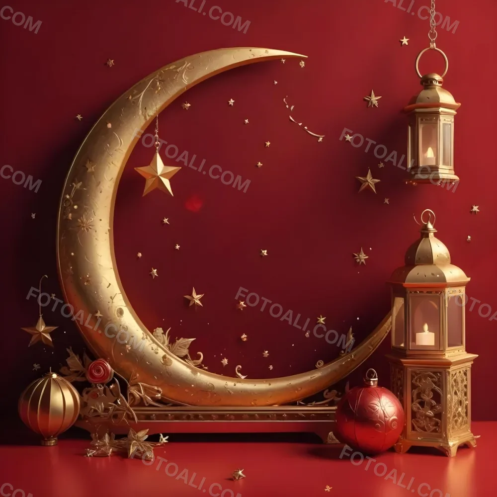 Golden Crescent Moon With Stars And Lanterns On A Red Background Festive Decorations Warm Lighting Elegant Design Celebration Theme Intricate Details Rich Colors 36 E8d3