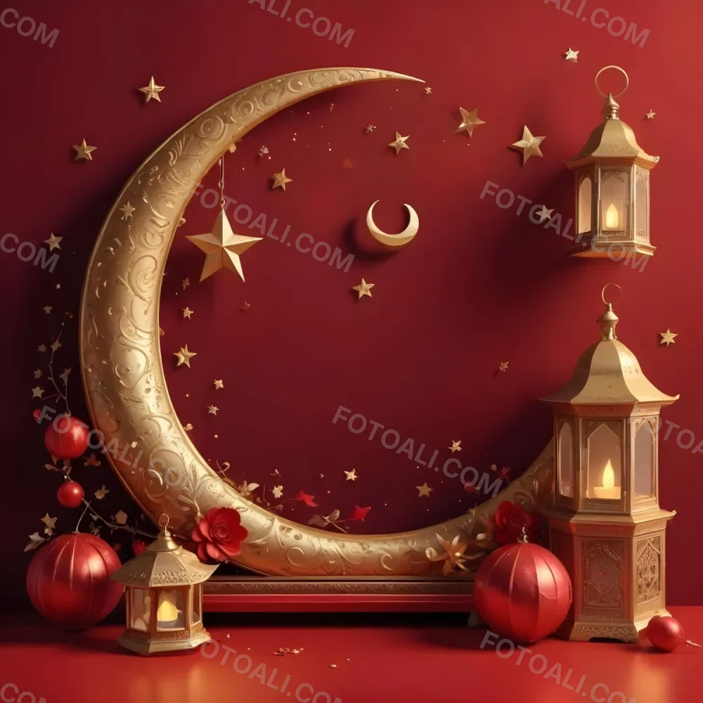 Golden Crescent Moon With Stars And Lanterns On A Red Background Festive Decorations Warm Lighting Elegant Design Celebration Theme Intricate Details Rich Colors 4 4e0b