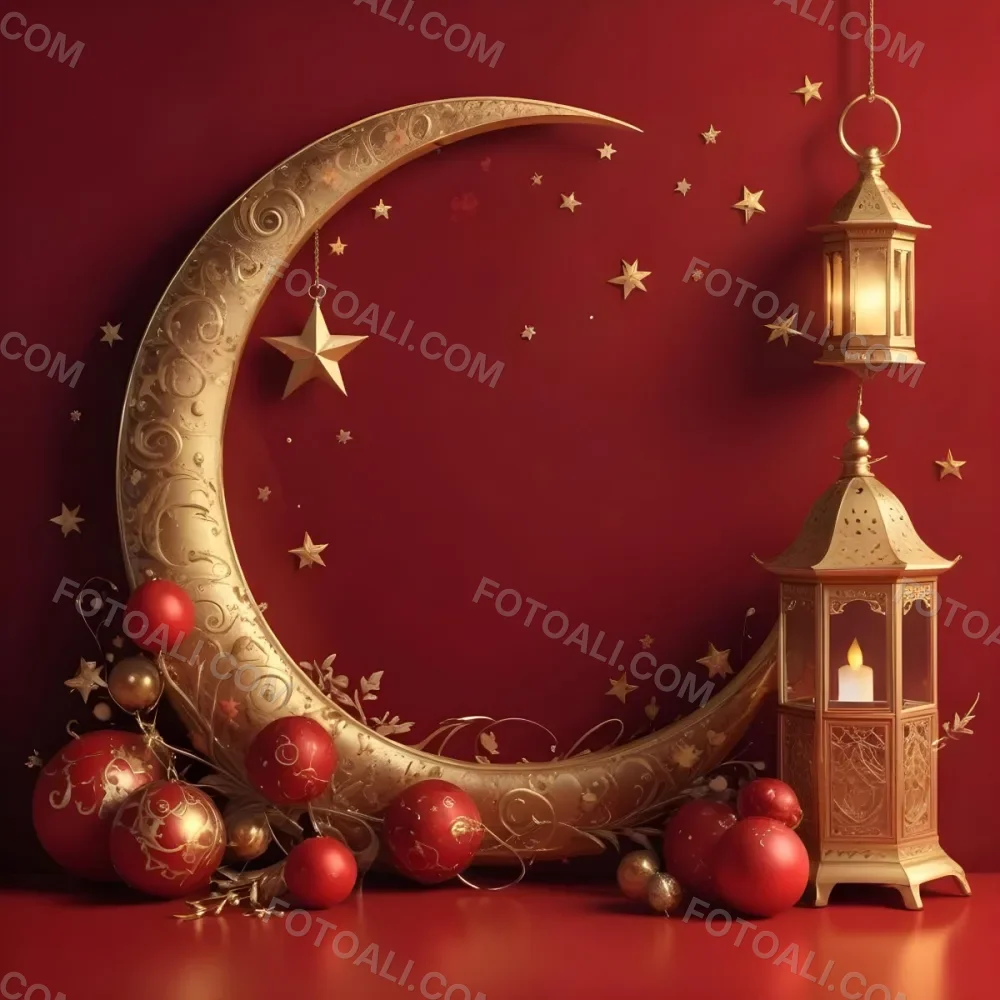 Golden Crescent Moon With Stars And Lanterns On A Red Background Festive Decorations Warm Lighting Elegant Design Celebration Theme Intricate Details Rich Colors 5 6e1b