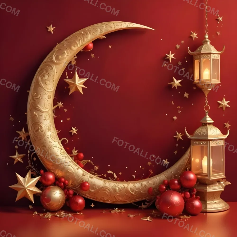 Golden Crescent Moon With Stars And Lanterns On A Red Background Festive Decorations Warm Lighting Elegant Design Celebration Theme Intricate Details Rich Colors 8 B924