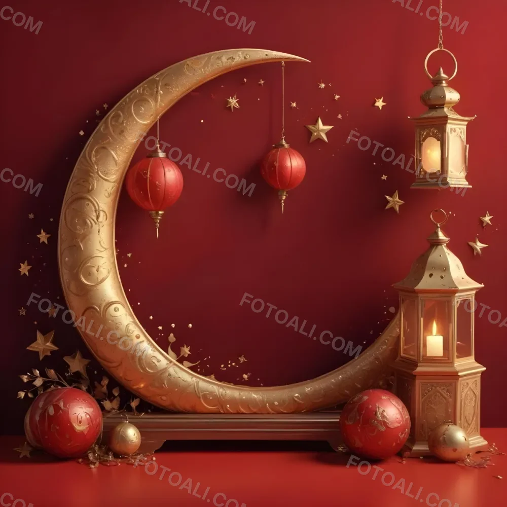 Golden Crescent Moon With Stars And Lanterns On A Red Background Festive Decorations Warm Lighting Elegant Design Celebration Theme Intricate Details Rich Colors 9 289d