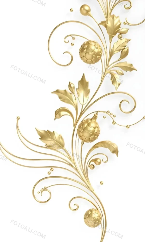Golden Floral Ornament With Leaves And Berries Swirling Tendrils Elegant Design Shimmering Texture Isolated On A White Background Decorative Element Vintage Style Intricate Details Ornate Pattern 15 Bd68
