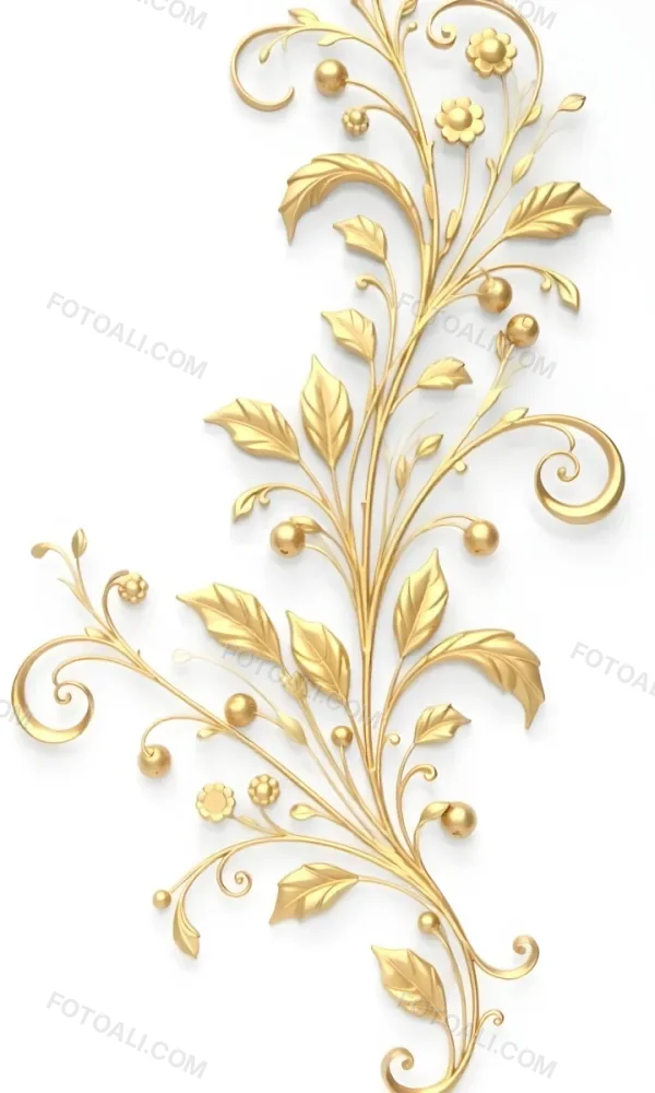 Golden Floral Ornament With Leaves And Berries Swirling Tendrils Elegant Design Shimmering Texture Isolated On A White Background Decorative Element Vintage Style Intricate Details Ornate Pattern 19 781e