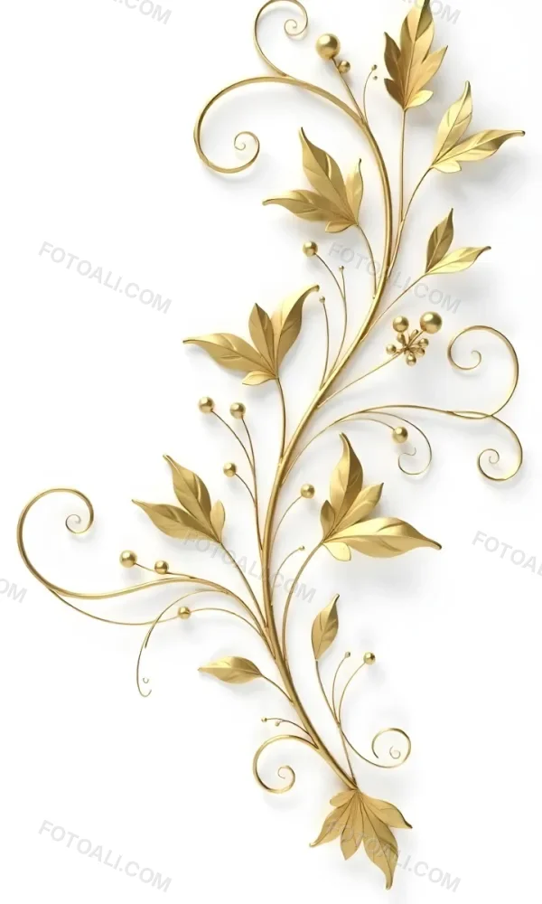 Golden Floral Ornament With Leaves And Berries Swirling Tendrils Elegant Design Shimmering Texture Isolated On A White Background Decorative Element Vintage Style Intricate Details Ornate Pattern 37 100f
