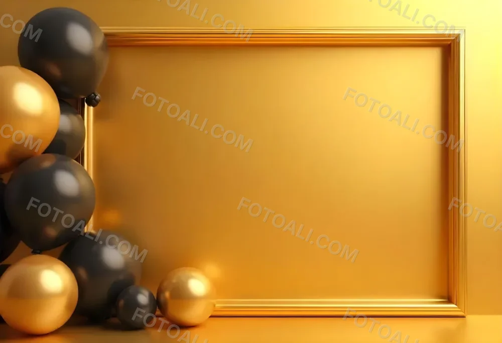 Golden Frame With Golden Background And Golden And Black Balloons On The Left Side Minimalist Design Luxury Style Elegant 1 08b9