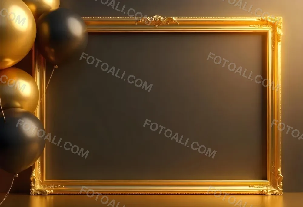 Golden Frame With Golden Background And Golden And Black Balloons On The Left Side Minimalist Design Luxury Style Elegant 2 8d64