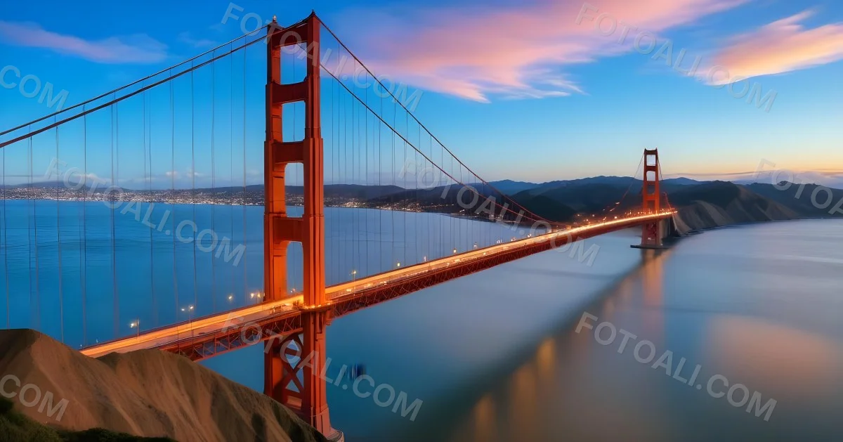 Golden Gate Bridge At Sunset With A Blue Sky And Clouds The Water Is Calm And Reflects The Colors Of The Sky 14 Af94