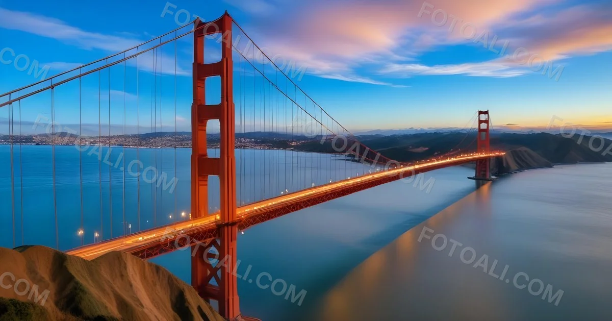 Golden Gate Bridge At Sunset With A Blue Sky And Clouds The Water Is Calm And Reflects The Colors Of The Sky 15 128d