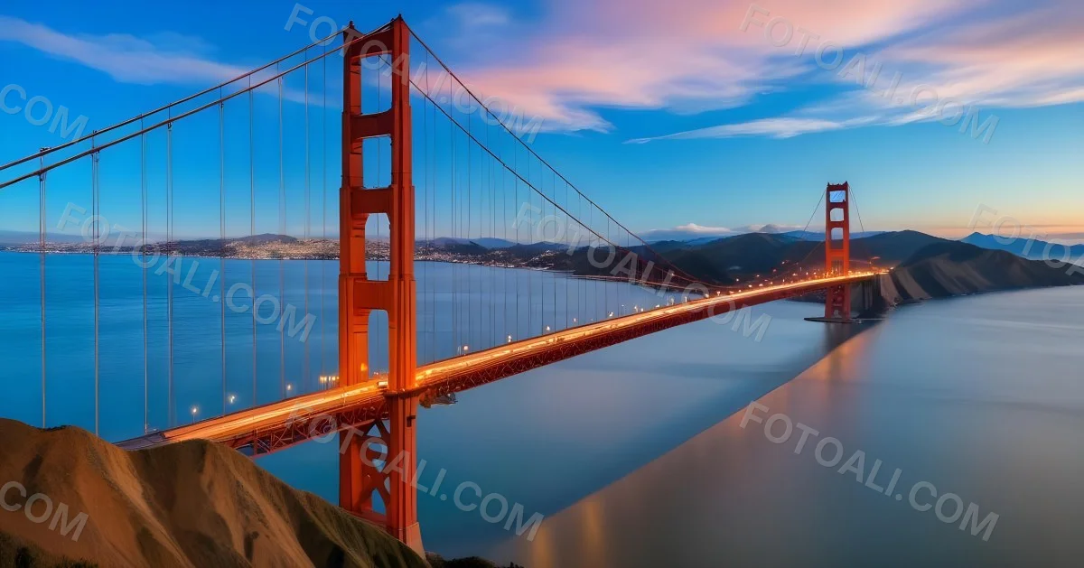 Golden Gate Bridge At Sunset With A Blue Sky And Clouds The Water Is Calm And Reflects The Colors Of The Sky 16 608c