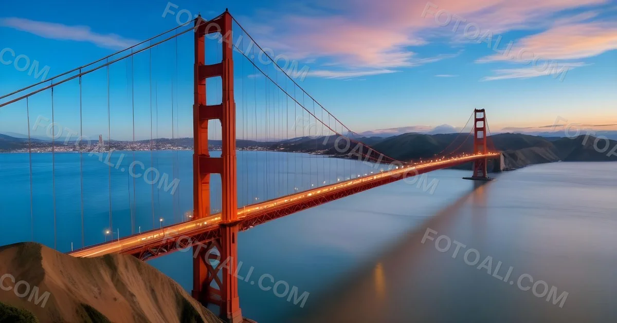 Golden Gate Bridge At Sunset With A Blue Sky And Clouds The Water Is Calm And Reflects The Colors Of The Sky 17 B267