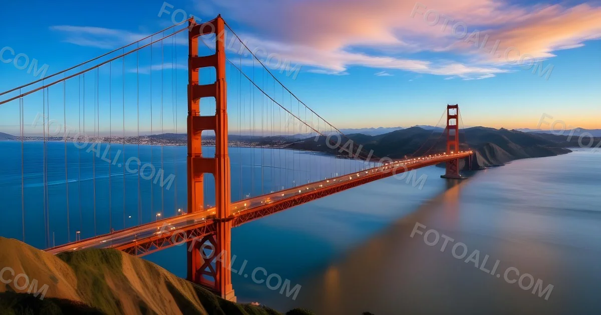Golden Gate Bridge At Sunset With A Blue Sky And Clouds The Water Is Calm And Reflects The Colors Of The Sky 18 5cd3